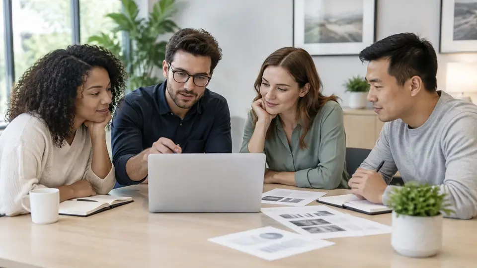 A diverse group of professional colleagues collaborating and reviewing a project together on a laptop in office.