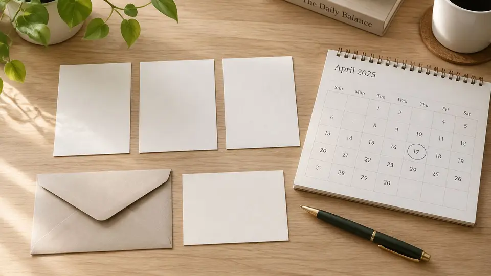 A flatlay of a workspace featuring a desk calendar, an envelope, blank cards, and a fountain pen.