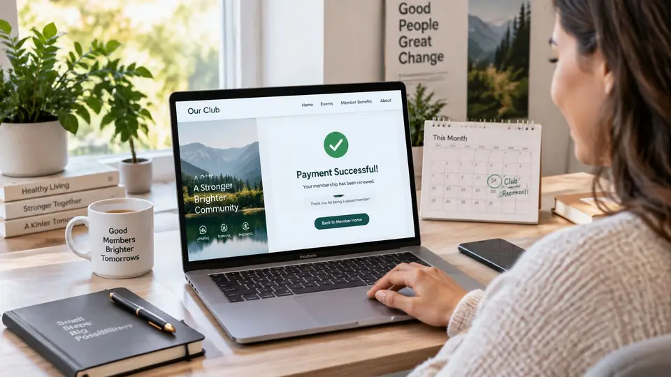 A woman working on a laptop showing a successful membership renewal page in a modern home office.
