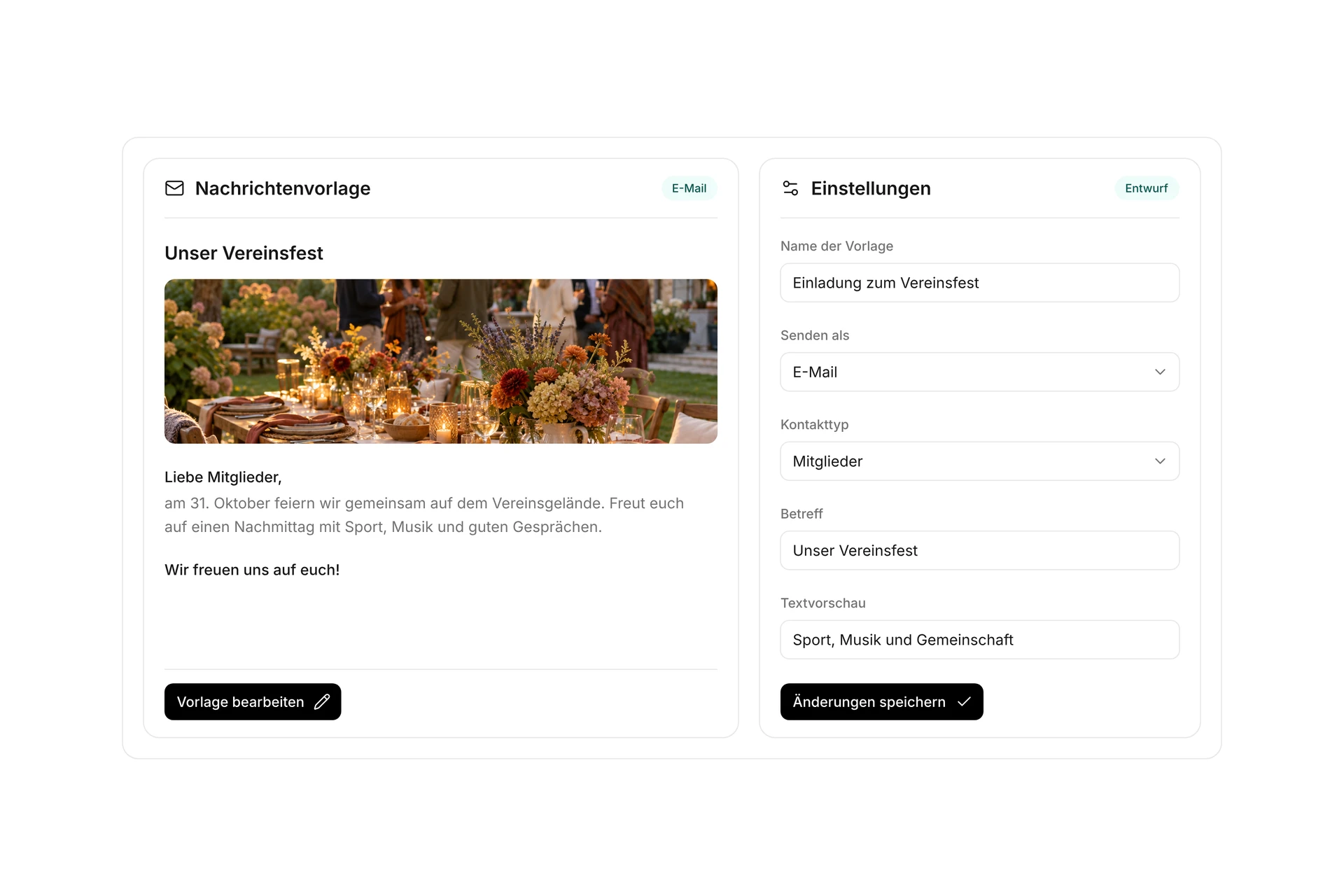 campai-Nachrichtenvorlage mit Einladung zum Vereinsfest, Bildvorschau und E-Mail-Einstellungen. Illustrative Beispieldaten.