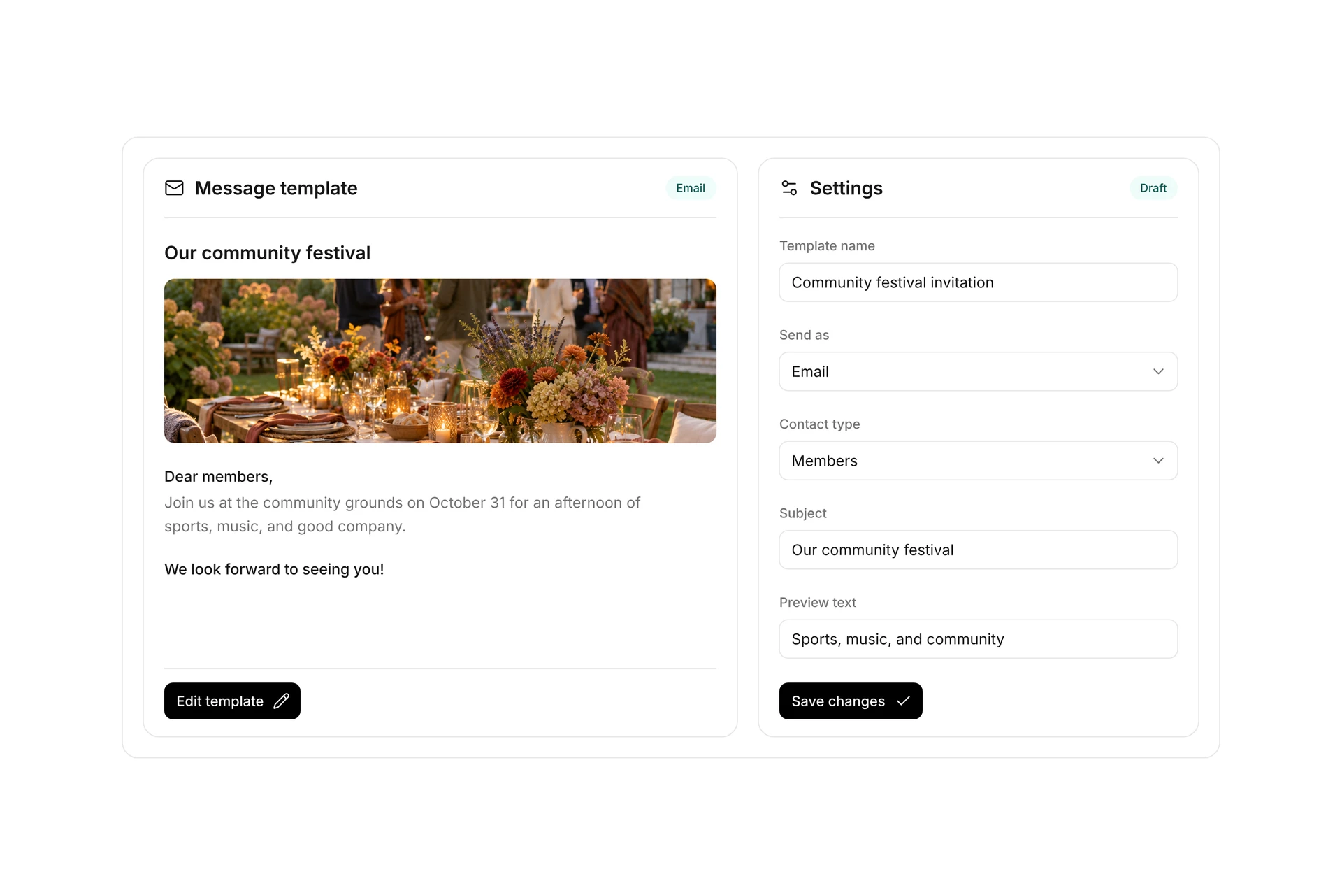 campai email template with a club festival invitation, photo preview and email settings. Illustrative demo data.