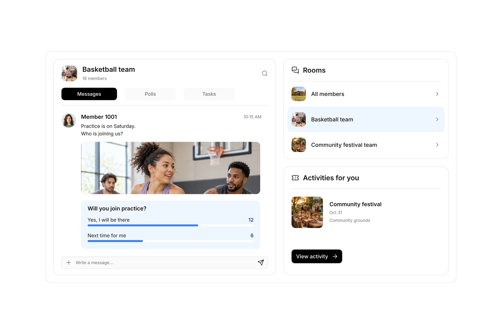 campai Connect with team messages, a training photo, a poll and club activities. Illustrative demo data.