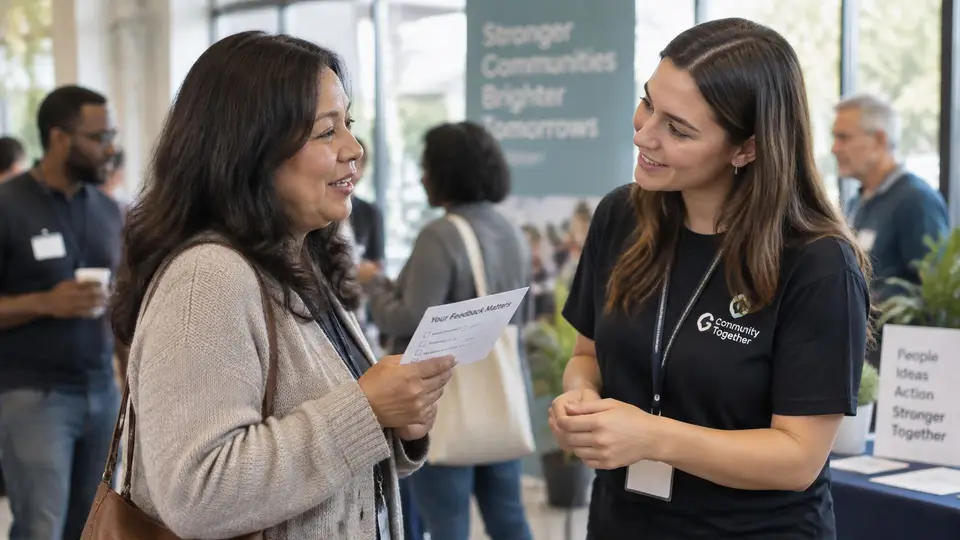 A smiling Community Together representative speaks with an older woman holding a feedback form at an event.