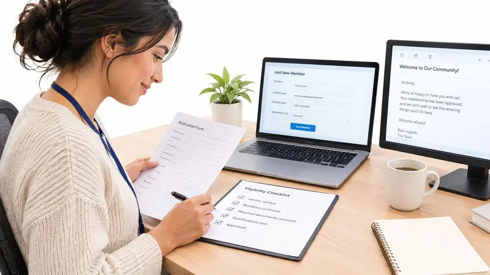 A woman reviewing an application form and eligibility checklist while working at her office desk.