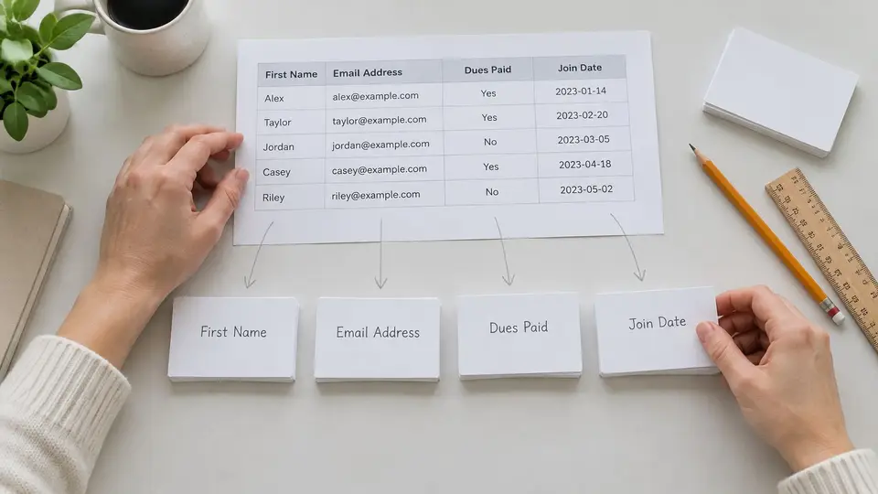 A person organizing member database information onto physical cards from a table containing names, emails, and dues.