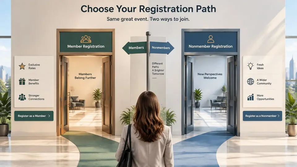 A woman stands before two doors representing member and nonmember event registration paths with distinct descriptive benefits.