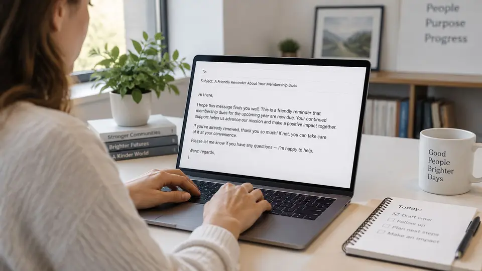 A woman typing a membership dues reminder email on her laptop at a clean, organized desk.