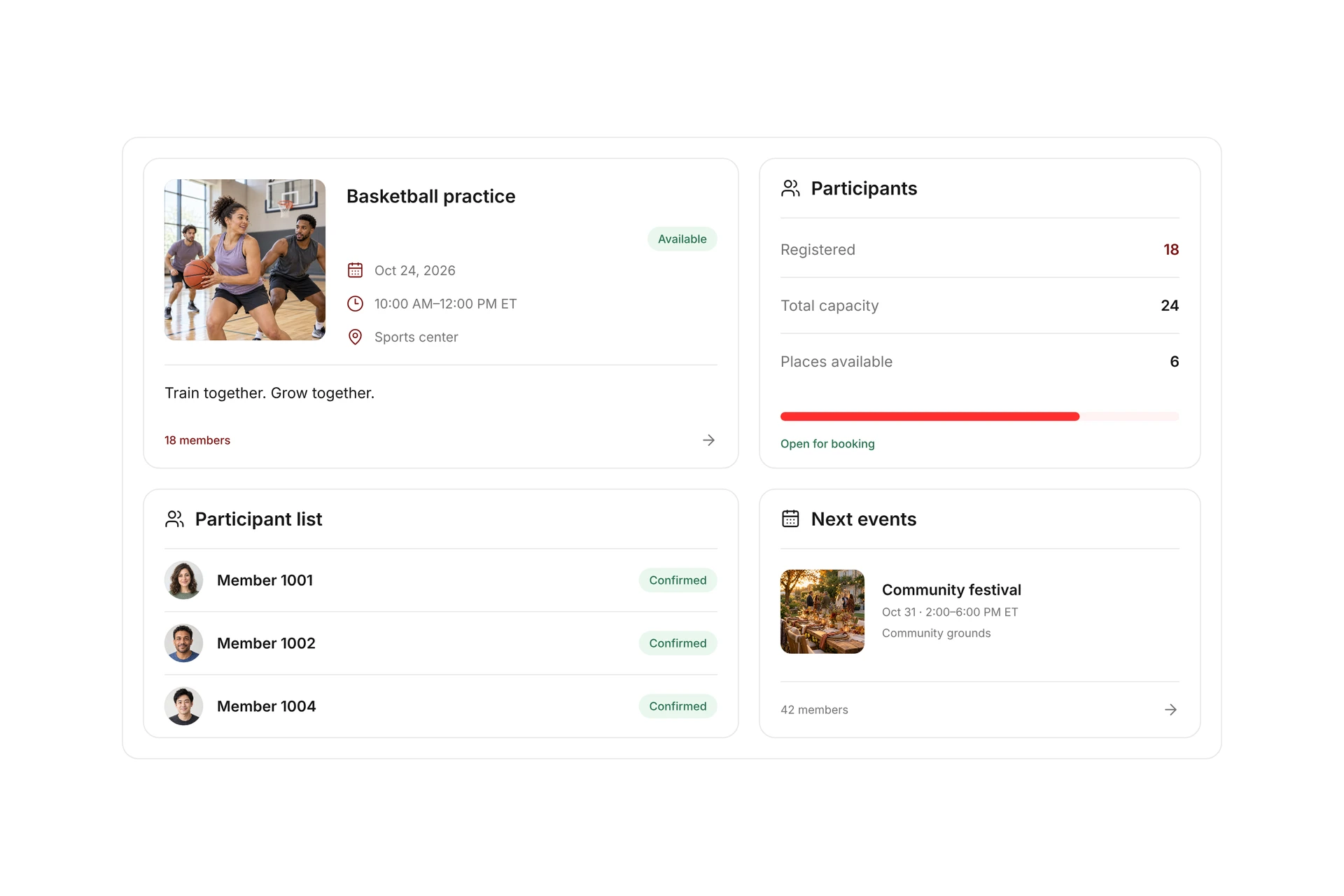campai event with a training photo, date, availability and participants. Illustrative demo data.
