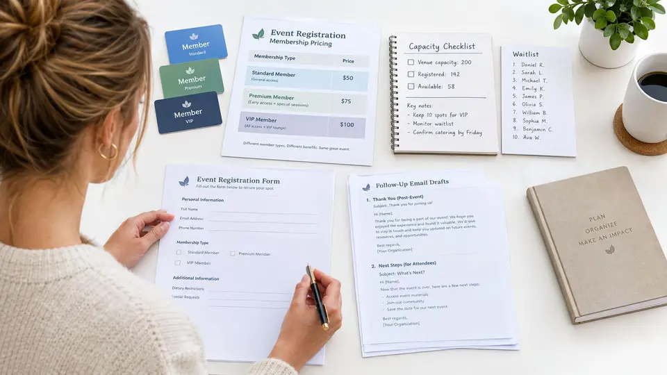A woman working on event registration documents, membership pricing, and email drafts on her desk.