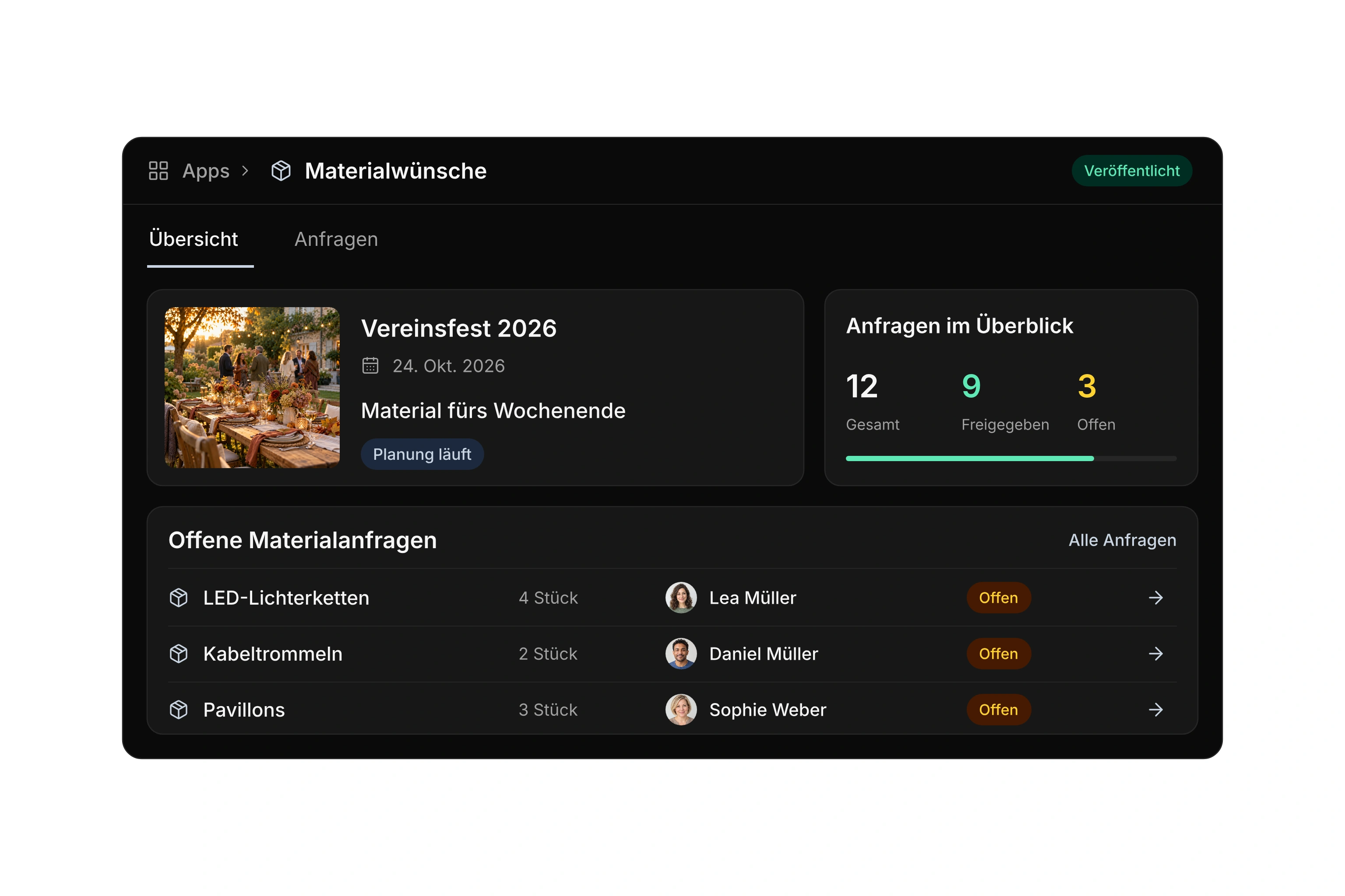 Eigene App Materialwünsche: Verwaltungsübersicht mit zwölf Anfragen, neun Freigaben und drei offenen Anfragen sowie mobiles Anfrageformular fürs Vereinsfest.