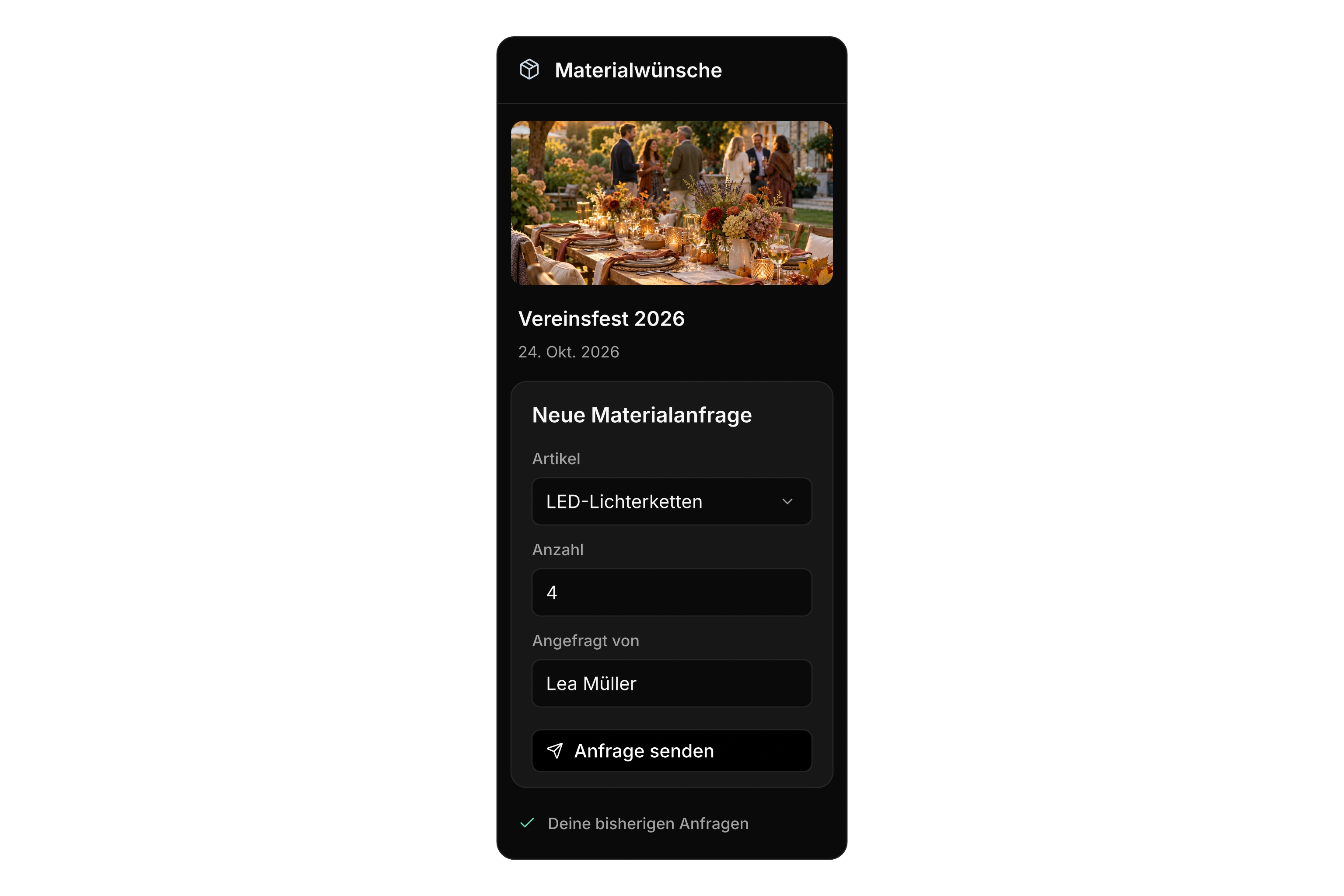 Eigene App Materialwünsche: Verwaltungsübersicht mit zwölf Anfragen, neun Freigaben und drei offenen Anfragen sowie mobiles Anfrageformular fürs Vereinsfest.