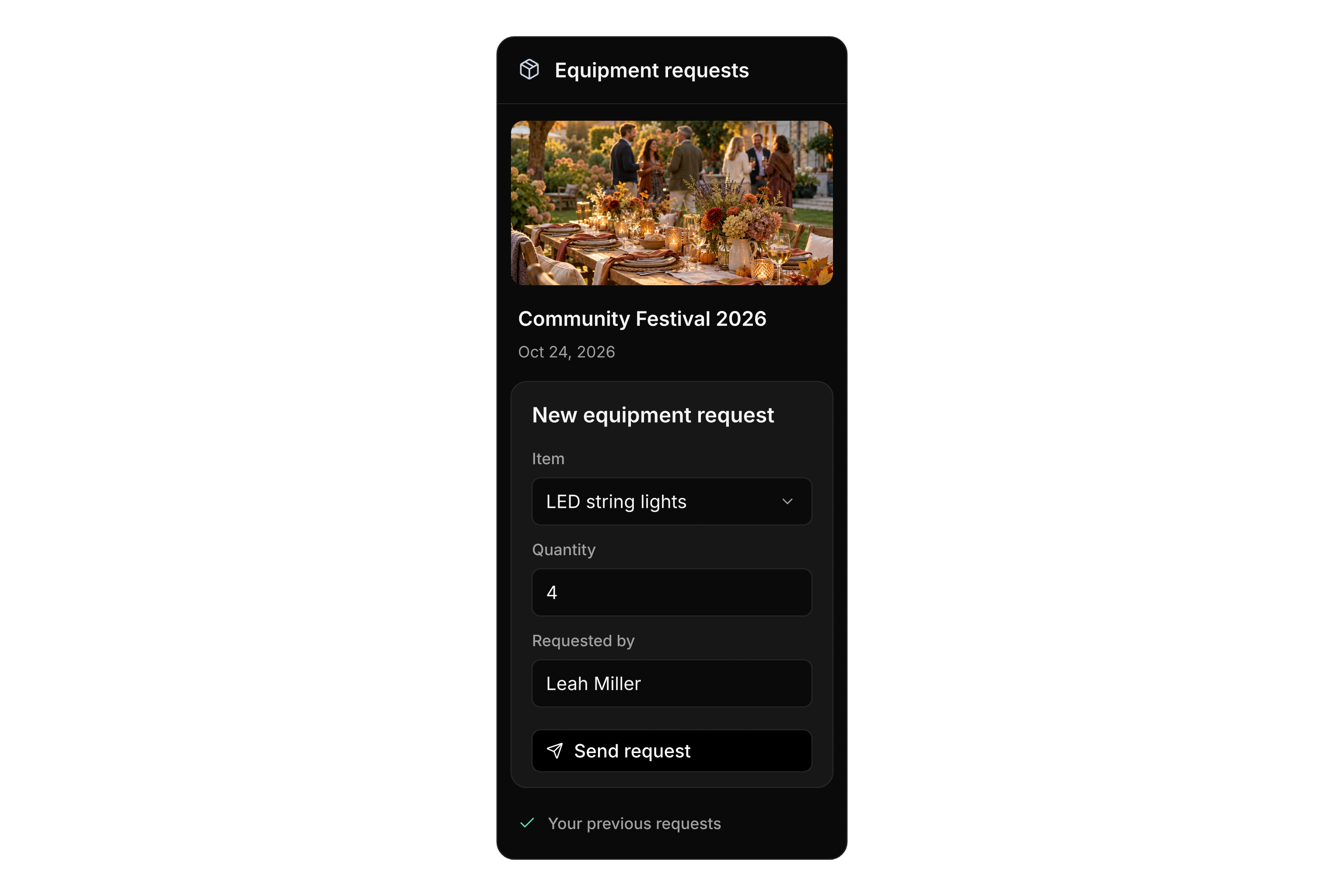 Custom Equipment requests app: management overview with 12 requests, nine approved and three pending, plus a mobile request form for the community festival.