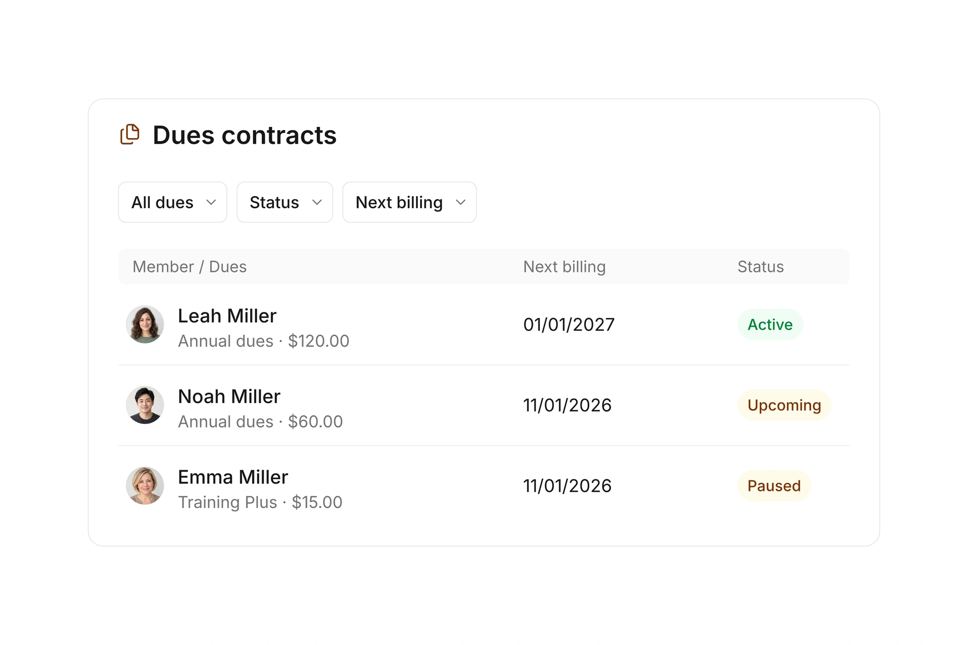 Keep track of dues contracts