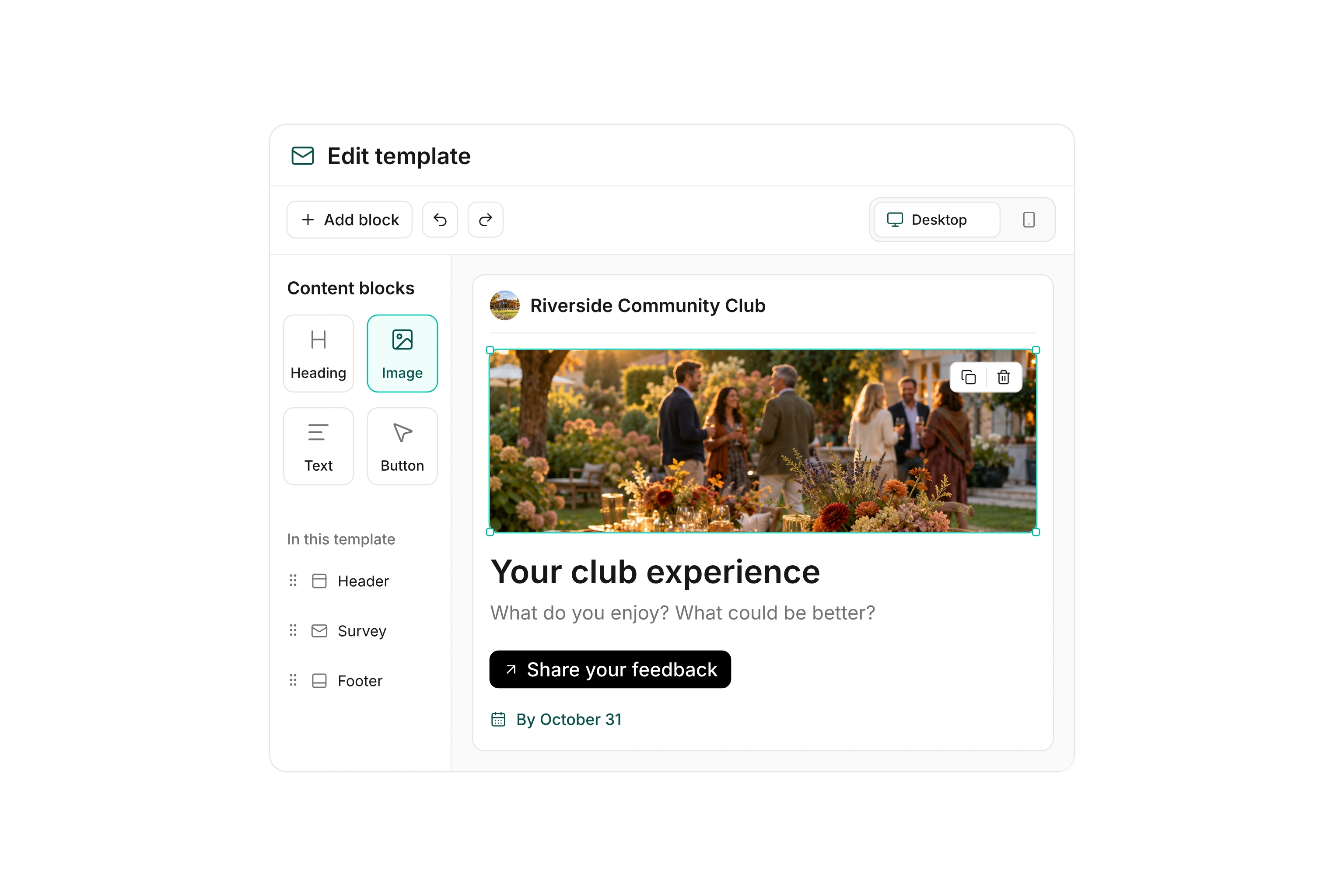 Email template editor with a content outline, editing toolbar, selected festival photo, feedback invitation, and a linked member survey.