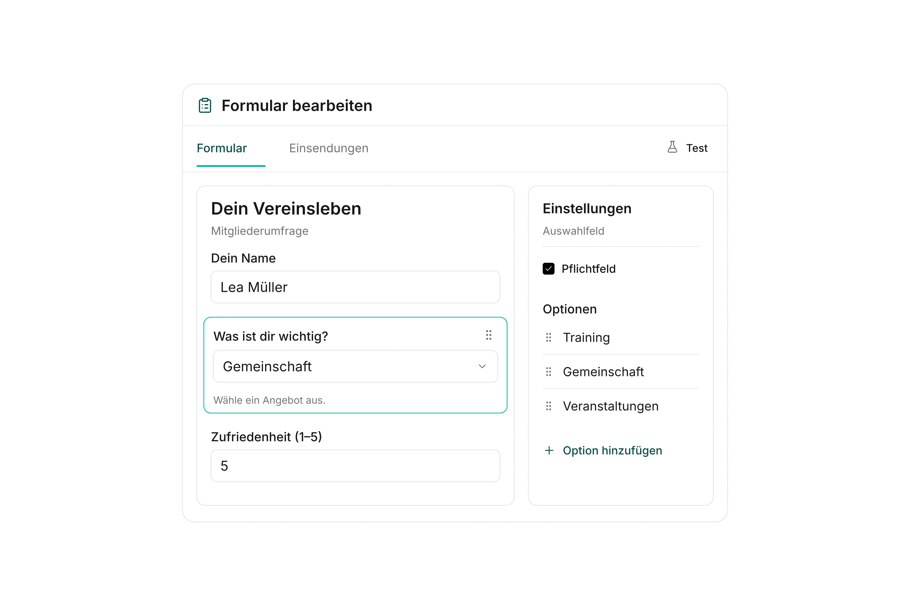 Formular-Builder mit Vorschau einer Mitgliederumfrage, Auswahloptionen zum Vereinsleben und einer Zufriedenheitsbewertung.