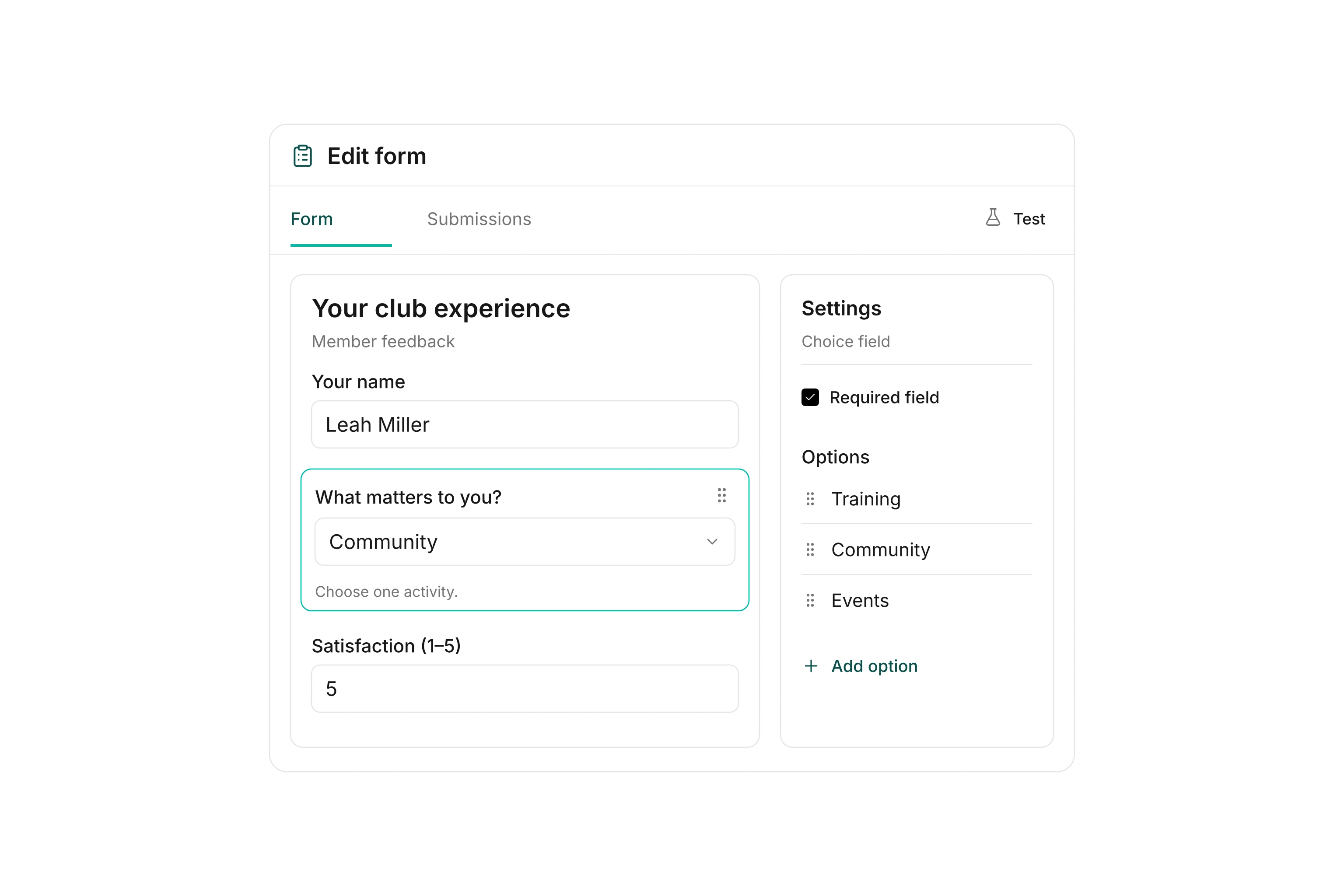 Form builder with a member feedback survey, club activity choices, and a satisfaction rating.