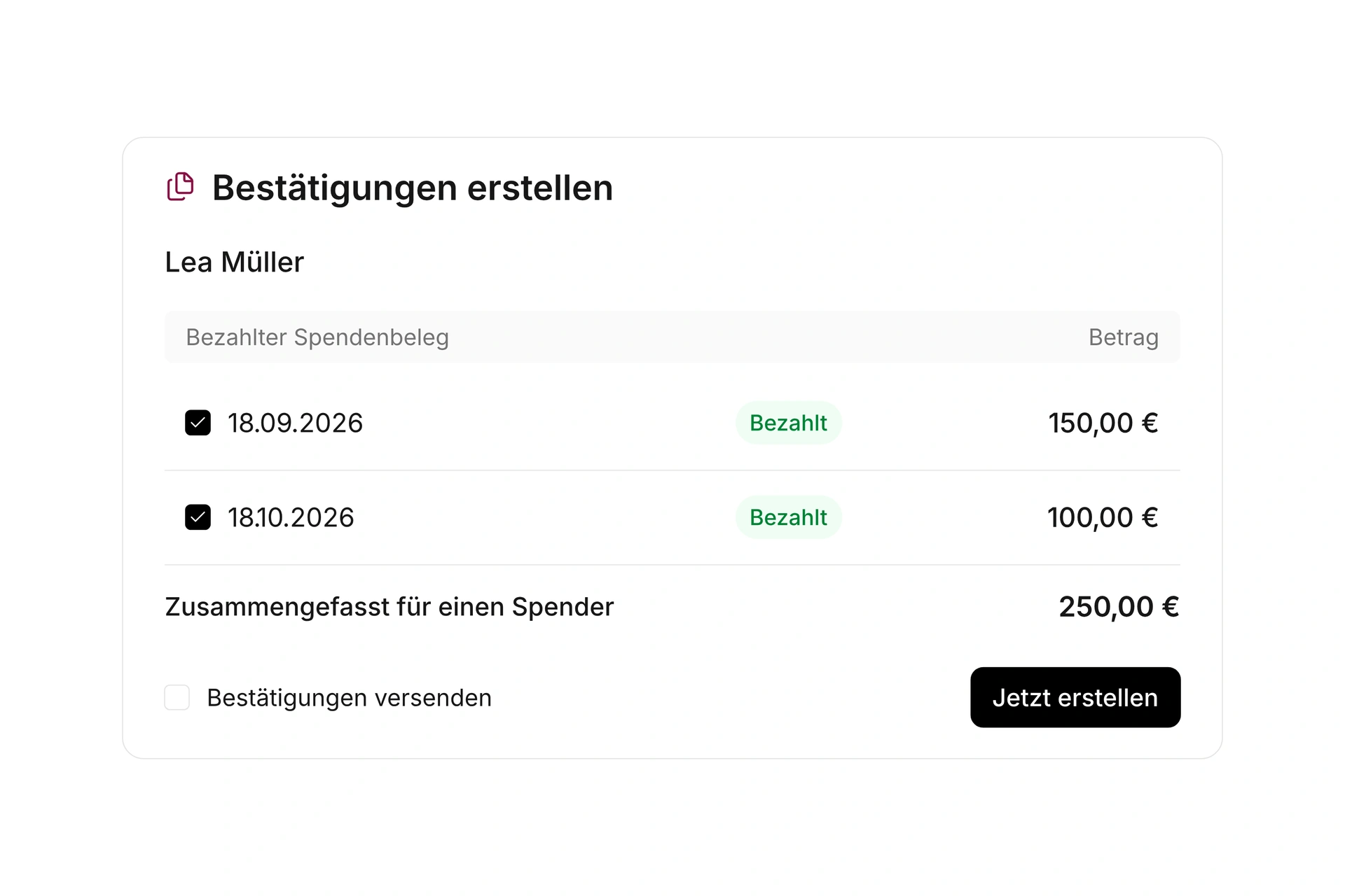 Bestätigungen gesammelt ausstellen