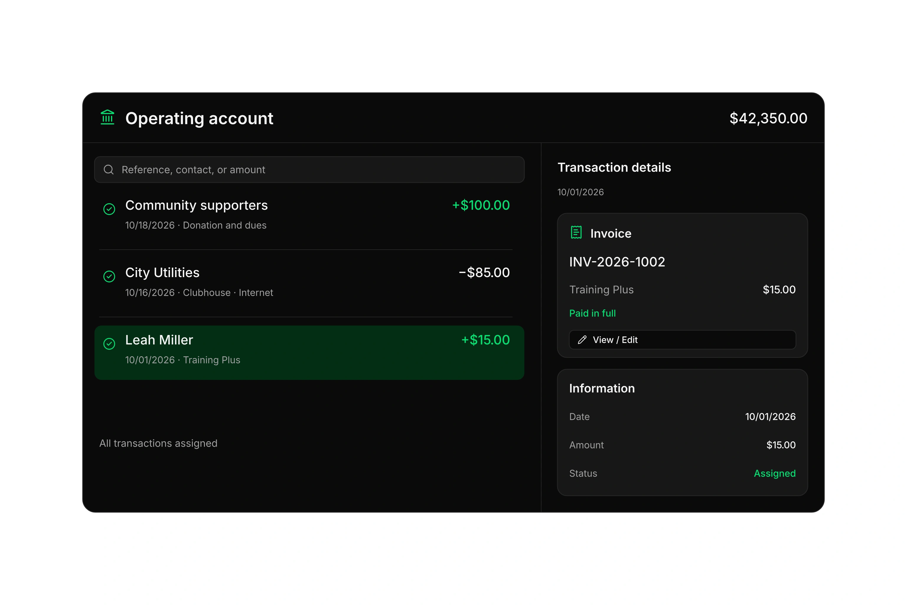 Bank transactions with the selected Training Plus payment, its matched invoice, and payment details.