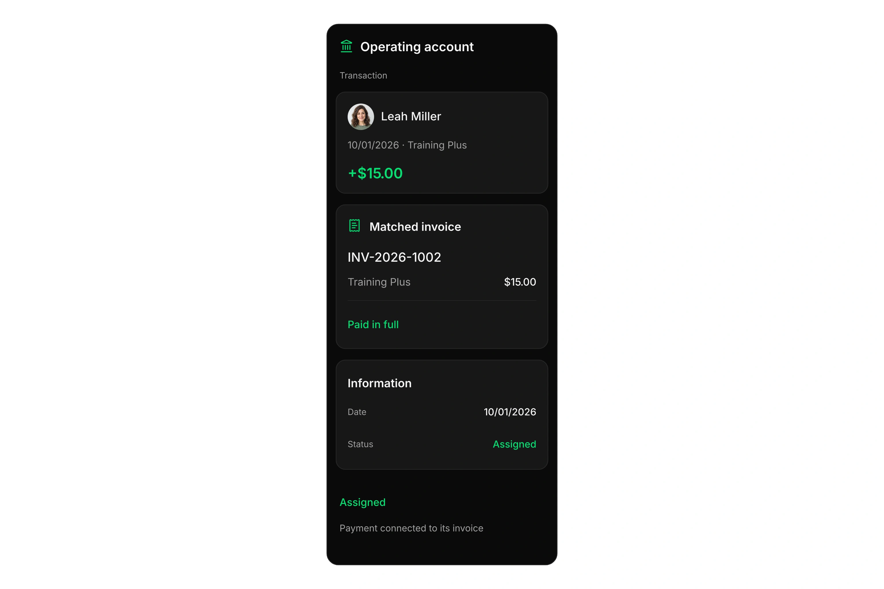 Bank transactions with the selected Training Plus payment, its matched invoice, and payment details.