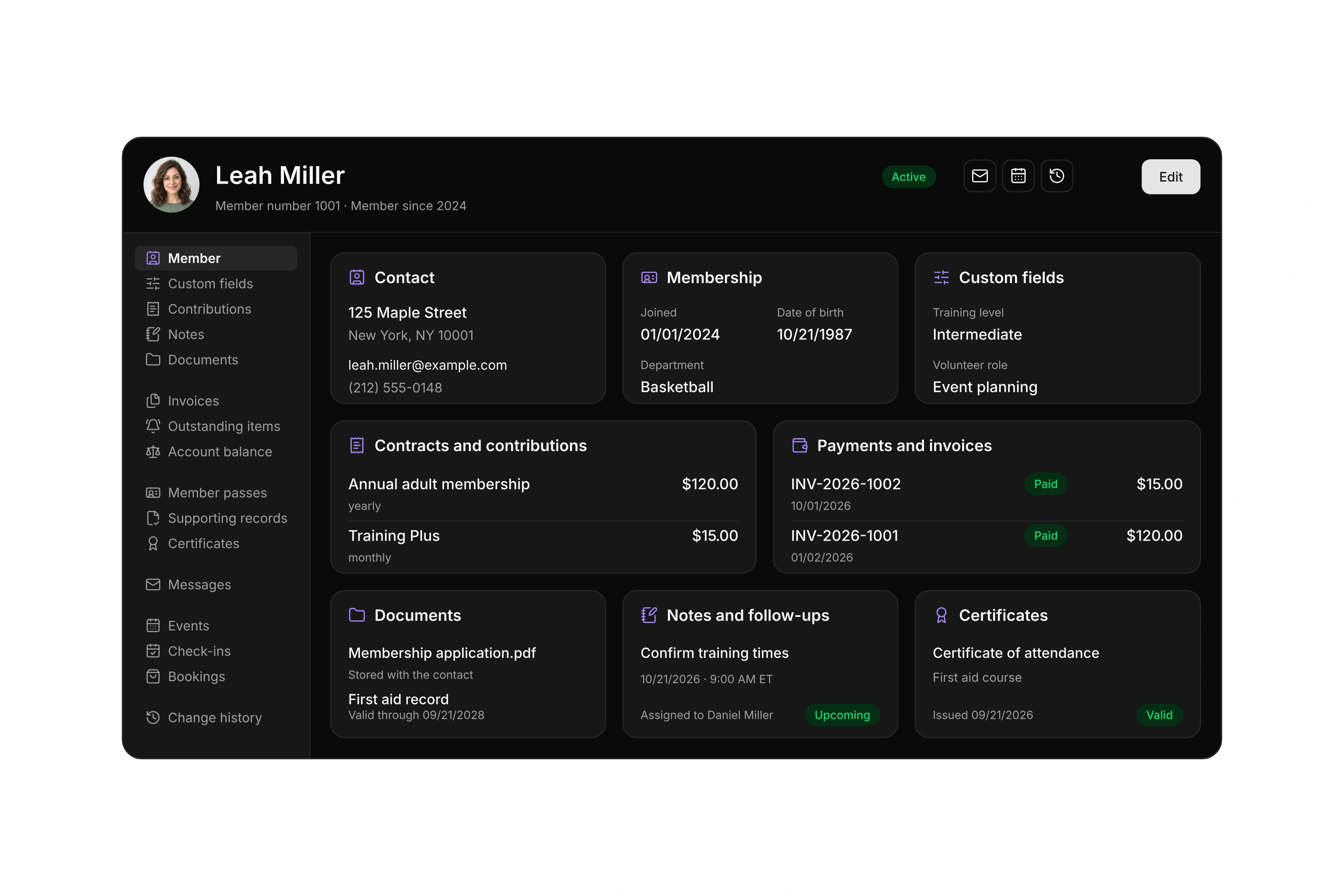 Member profile with contact details, membership, custom fields, contributions, paid invoices, documents, follow-ups, certificates, and navigation to messages and change history.