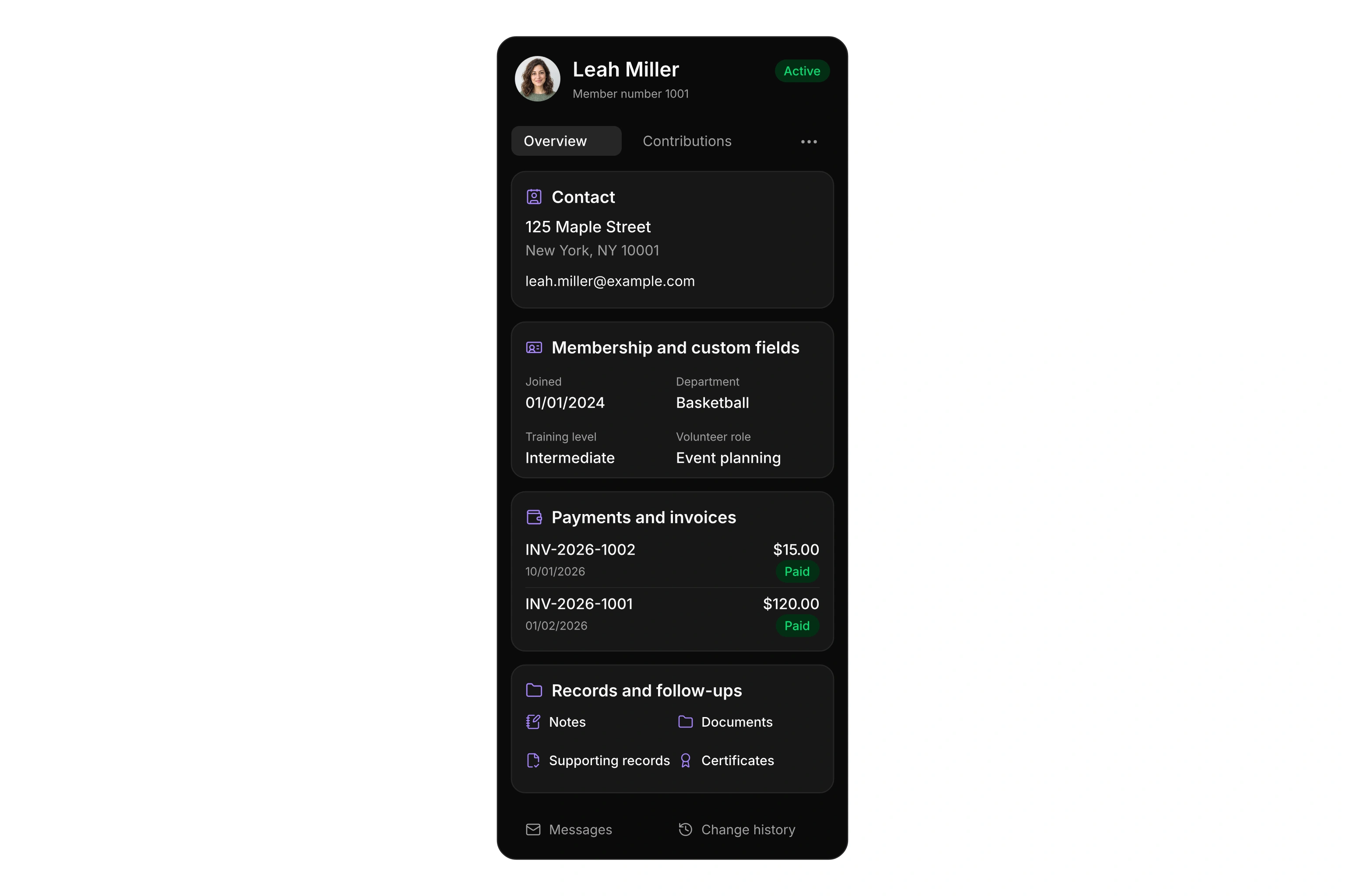 Member profile with contact details, membership, custom fields, contributions, paid invoices, documents, follow-ups, certificates, and navigation to messages and change history.
