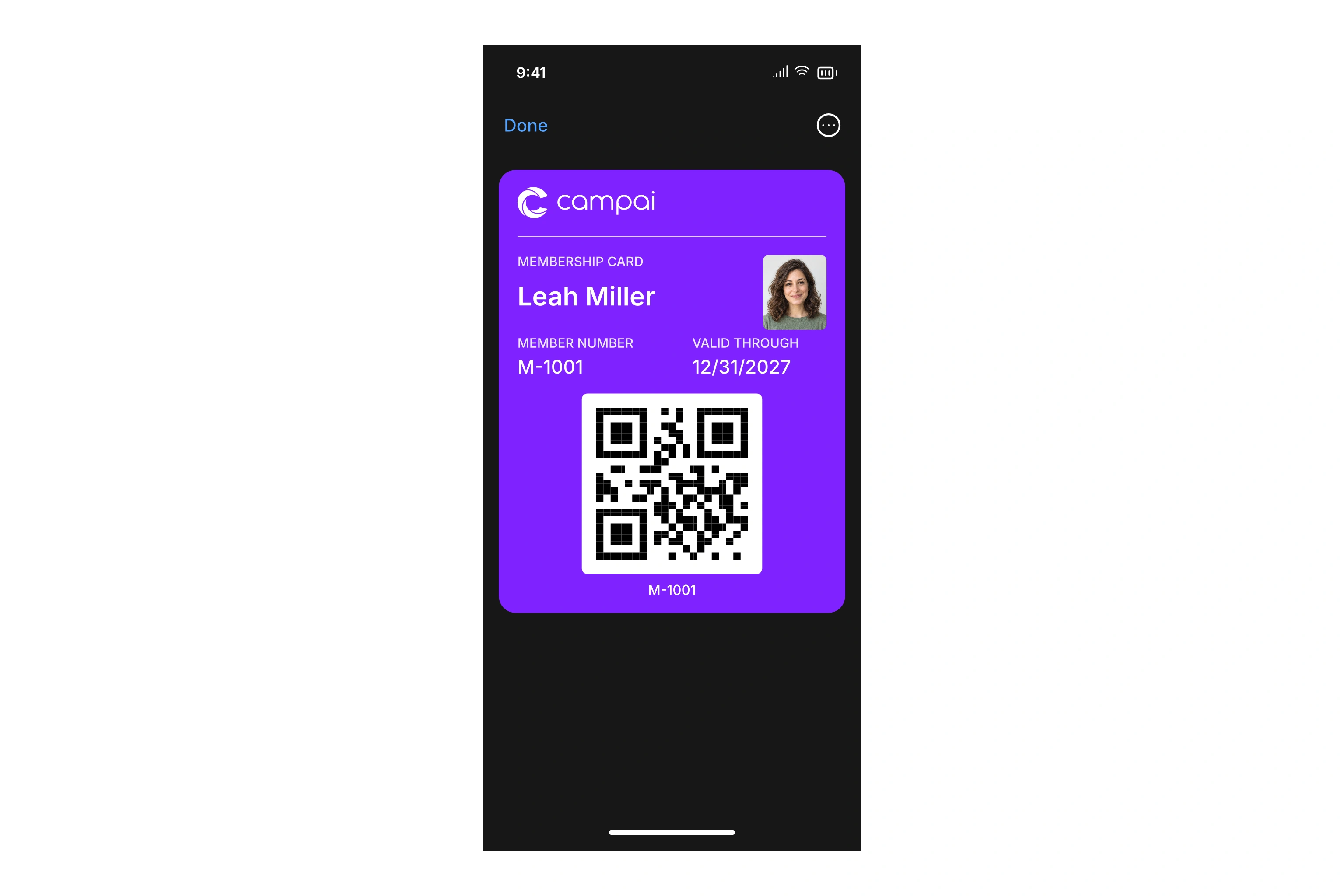 campai membership card in Apple Wallet on an iPhone, with a member photo, membership number, expiration date, and QR code.