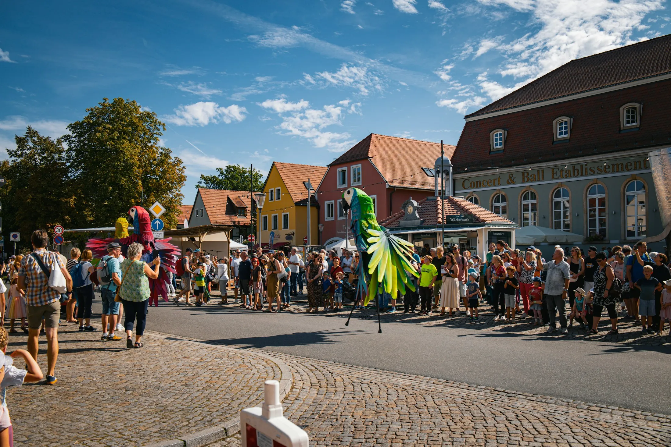 Viele Menschen stehen bei einem Straßenfest vor Fachwerkhäusern.