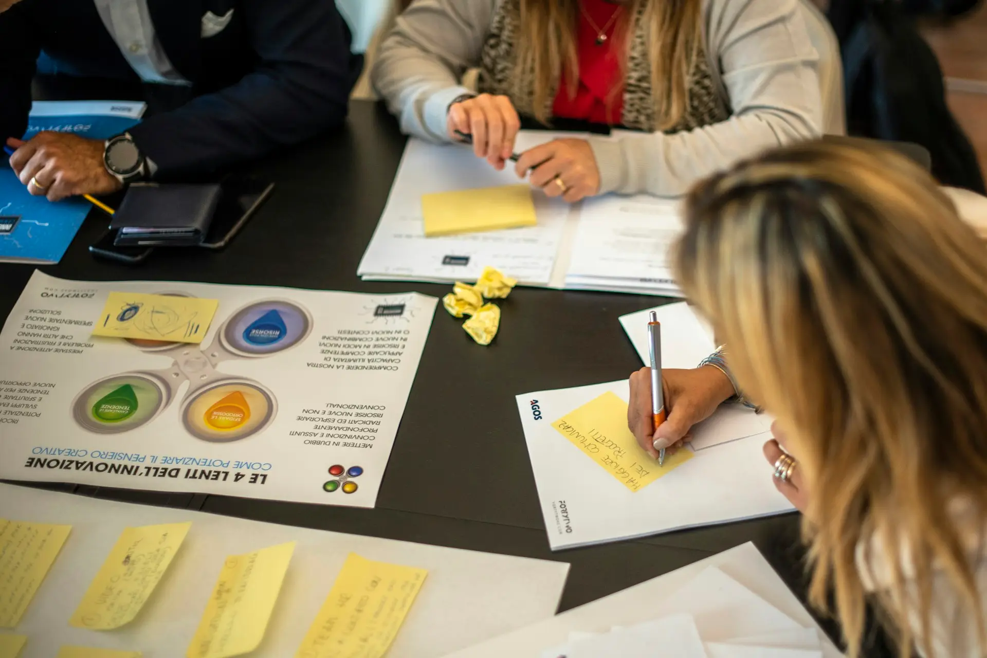 Mehrere Personen sitzen bei einem Workshop am Tisch und notieren Ideen auf Haftnotizen