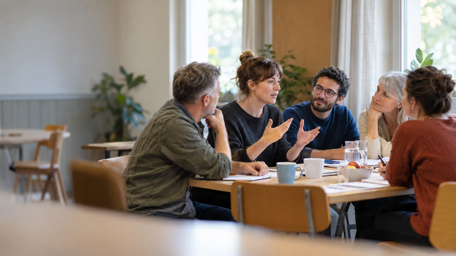 Fünf Menschen besprechen gemeinsam Unterlagen an einem Tisch.