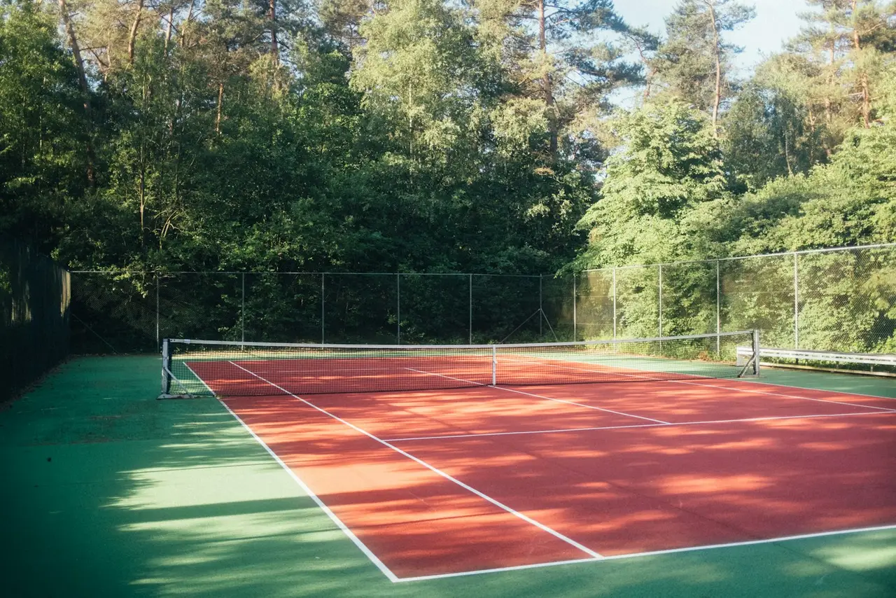 Ein Tennisplatz liegt im Sommer zwischen hohen Bäumen.
