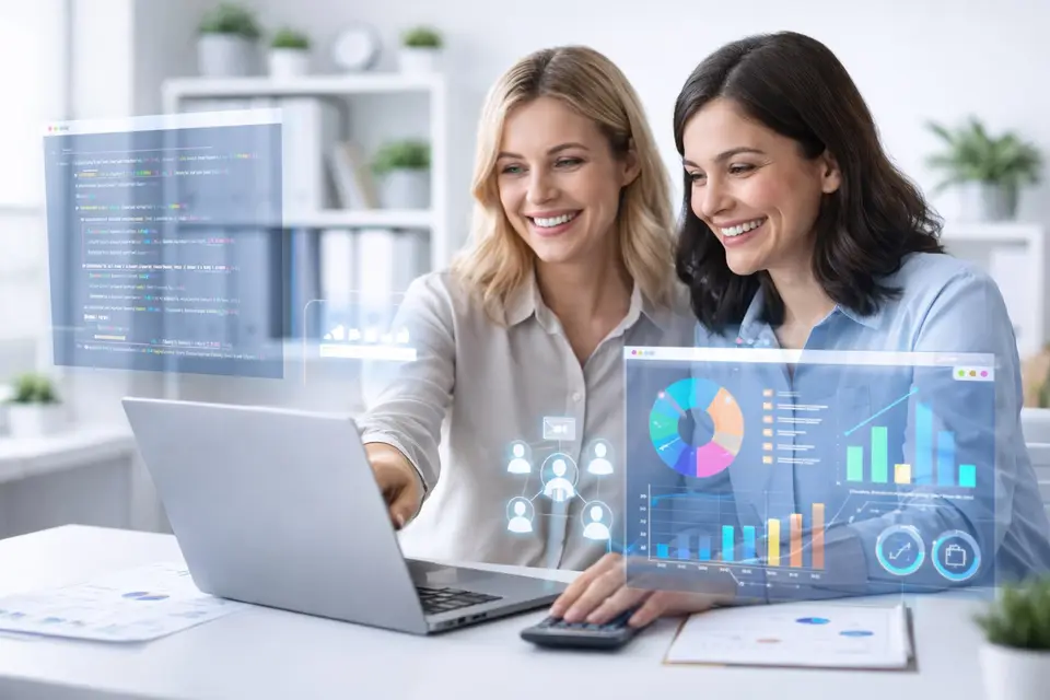 Zwei lächelnde Frauen bei der Zusammenarbeit einer Softwareentwicklung