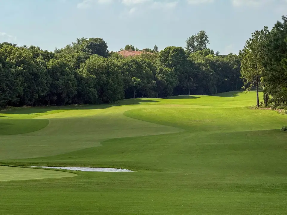 Ein gepflegtes Fairway zieht sich durch einen Golfplatz.