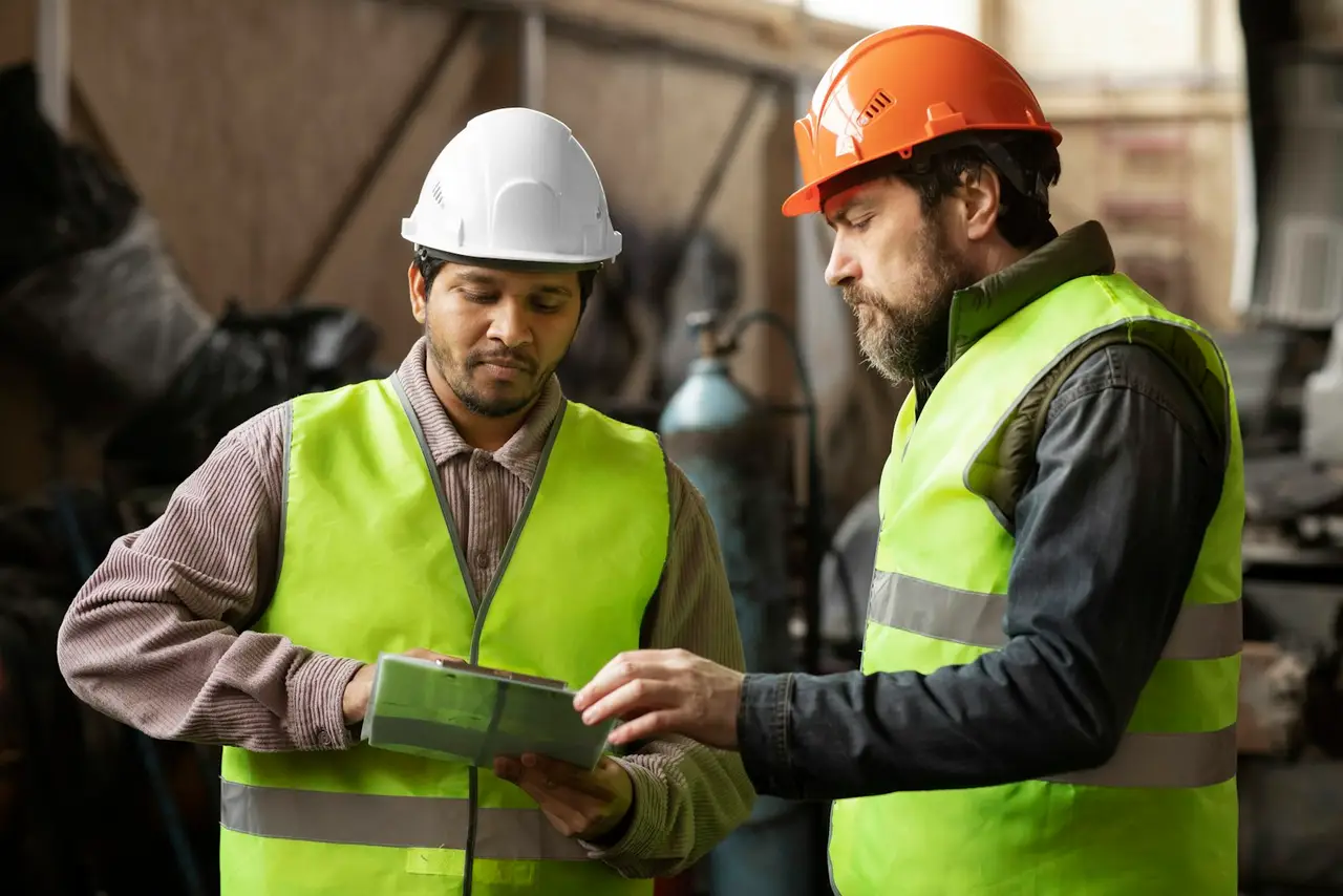 Two construction professionals in safety gear reviewing a tablet.